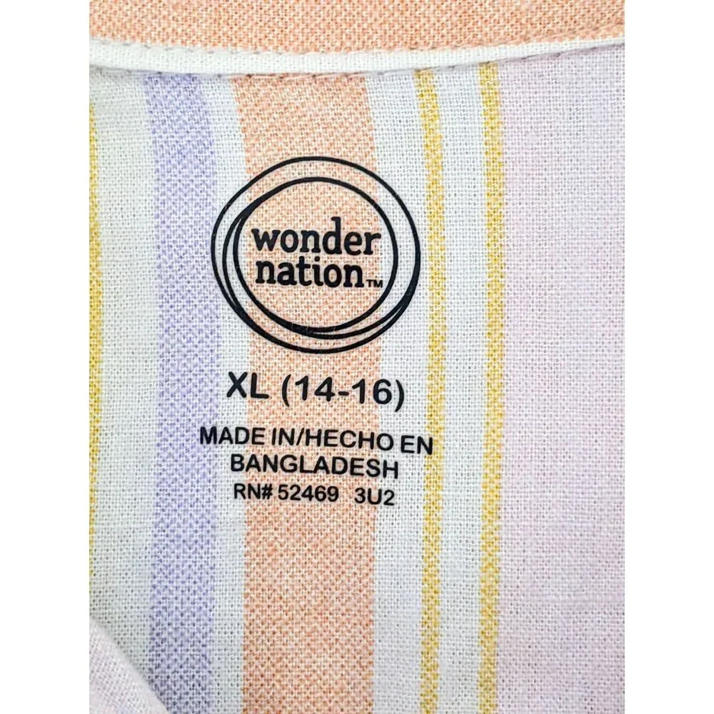 Wonder Nation Girls Multi Color Stripe Button Up Linen Rayon Short Sleeve Top XL